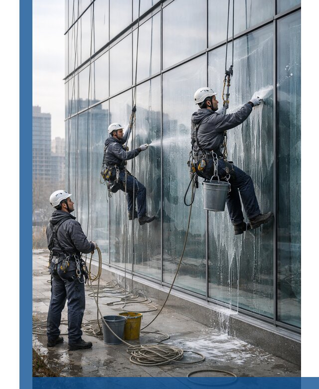 Промышленная мойка панорамных окон на высоте в Дивногорске