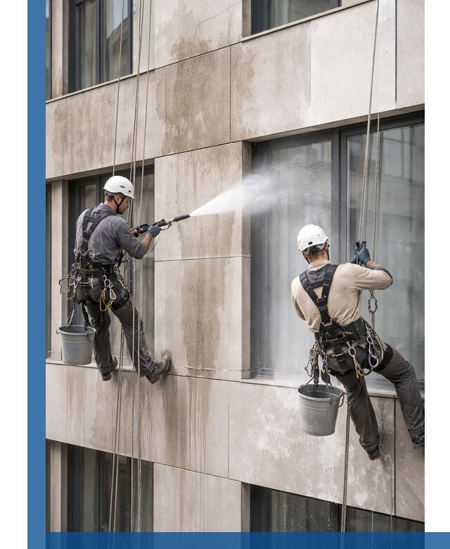 Послестроительная мойка фасада промышленным альпинизмом в Дивногорске