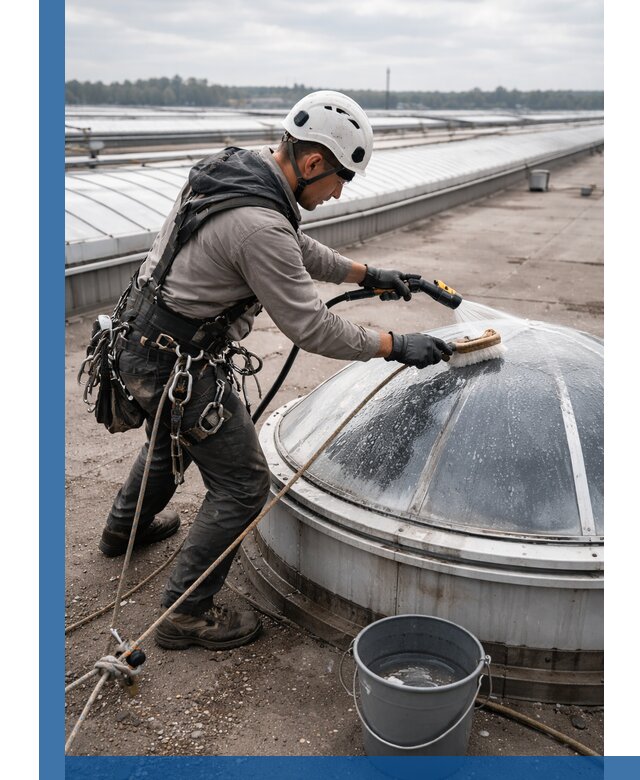 Мойка зенитных фонарей на кровле для промышленных объектов в Дивногорске