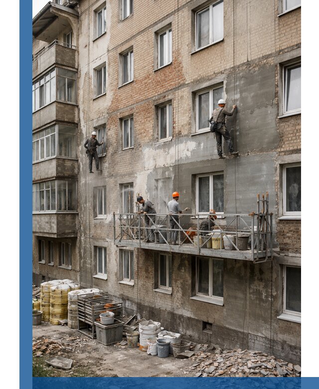 Капитальный ремонт фасада в Дивногорске с восстановлением и гидроизоляцией