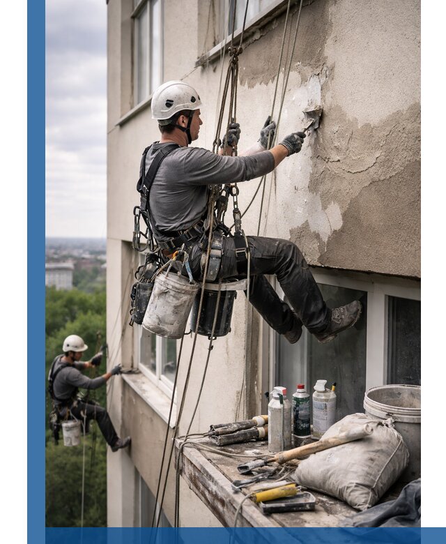 Косметический ремонт фасада зданий в Дивногорске промышленными альпинистами