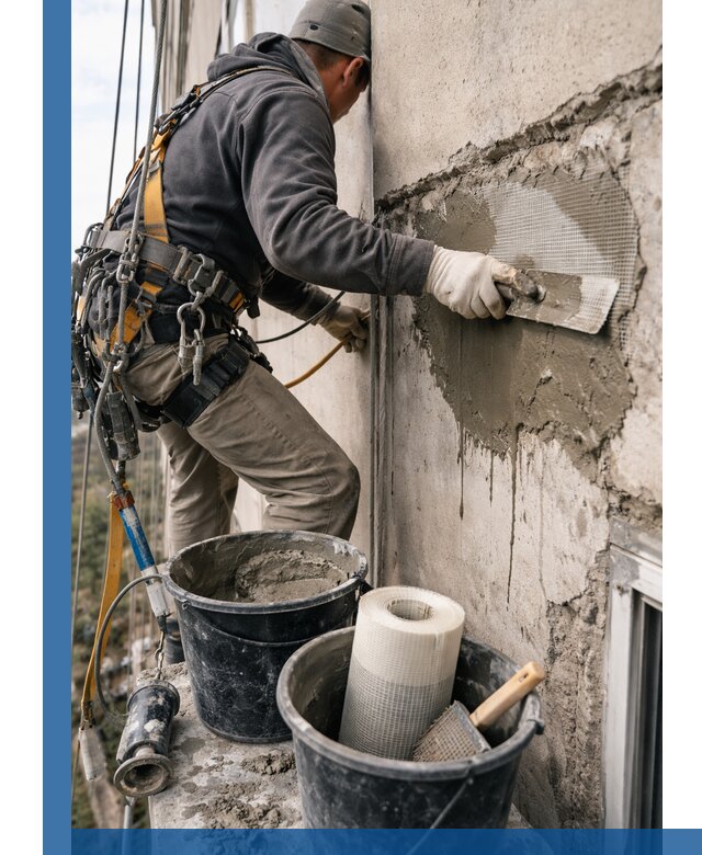 Ремонт бетонных элементов фасада промышленными альпинистами в Дивногорске