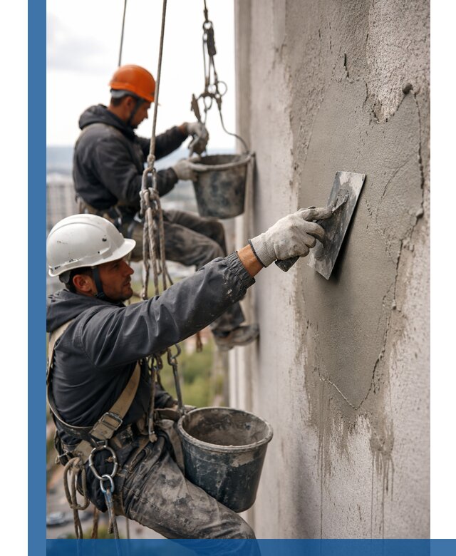 Штукатурка фасада на высоте в Дивногорске профессиональные работы