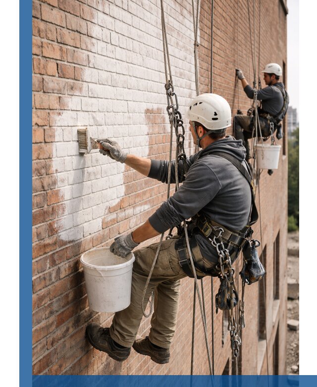 Покраска кирпичного фасада с доступным альпинистским сервисом в Дивногорске