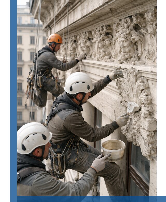 Реставрация фасадной лепнины с высотными работами в Дивногорске