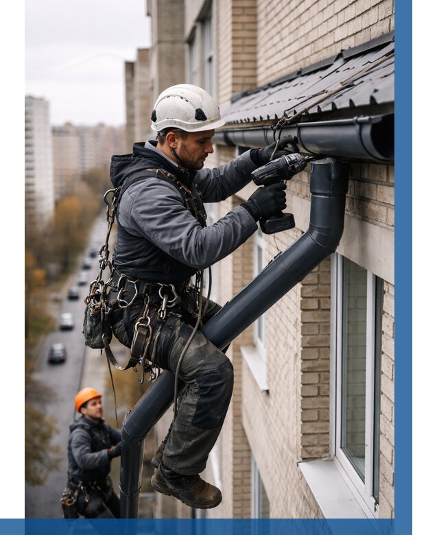 Монтаж водосточной системы на здании в Дивногорске от 5055 р. | ВЫСОТНИК-Двн