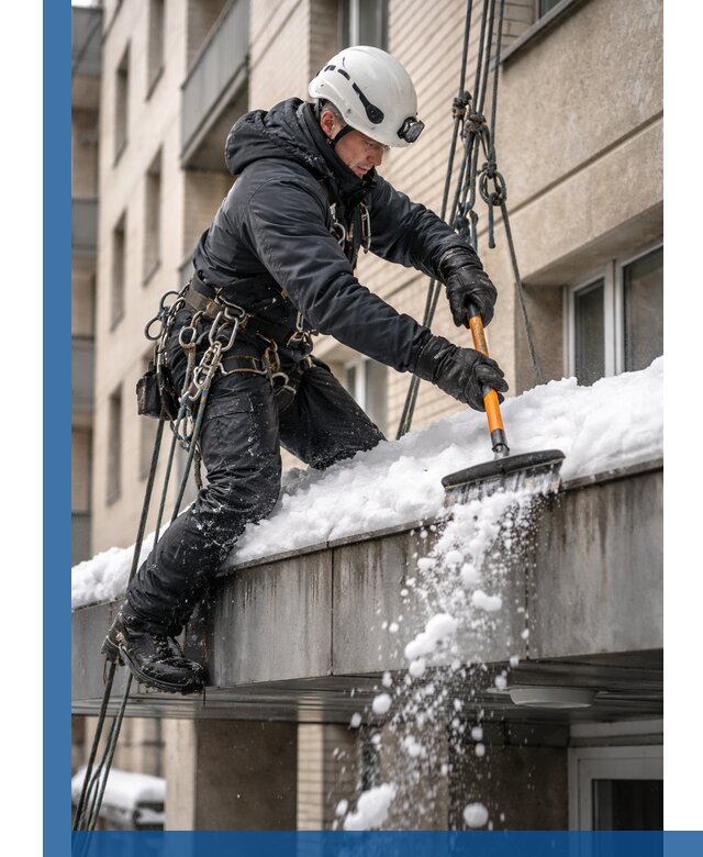 Очистка козырьков от снега в Дивногорске круглогодично безопасно