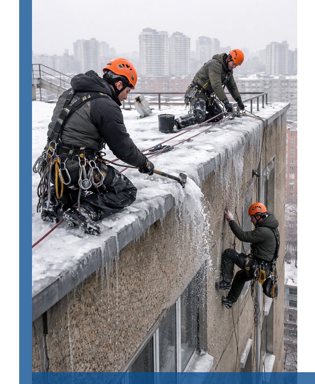 Удаление наледи с кровли в Дивногорске промышленными альпинистами