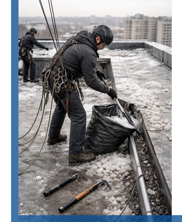 Аварийная очистка кровли в Дивногорске от промальпинистов