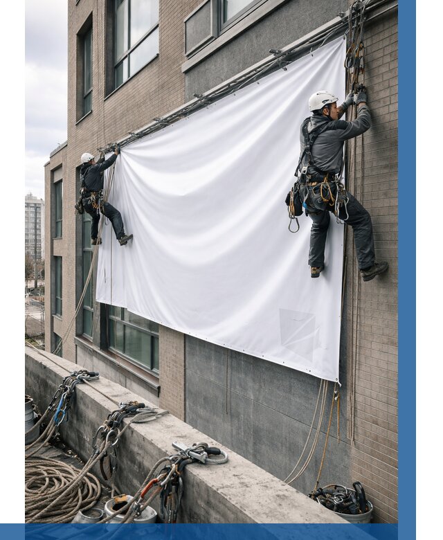 Монтаж баннеров на фасаде в Дивногорске от 657 р. заказать ВЫСОТНИК-Двн