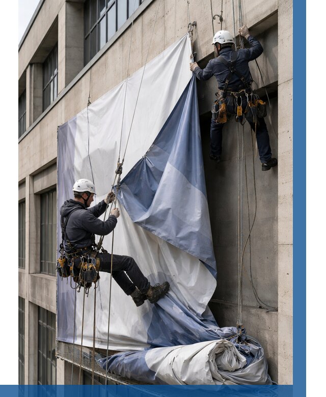 Демонтаж баннеров с фасада в Дивногорске от 4550 р. | ВЫСОТНИК-Двн