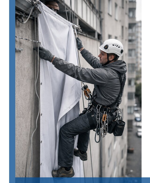 Замена баннерного полотна промышленными альпинистами в Дивногорске