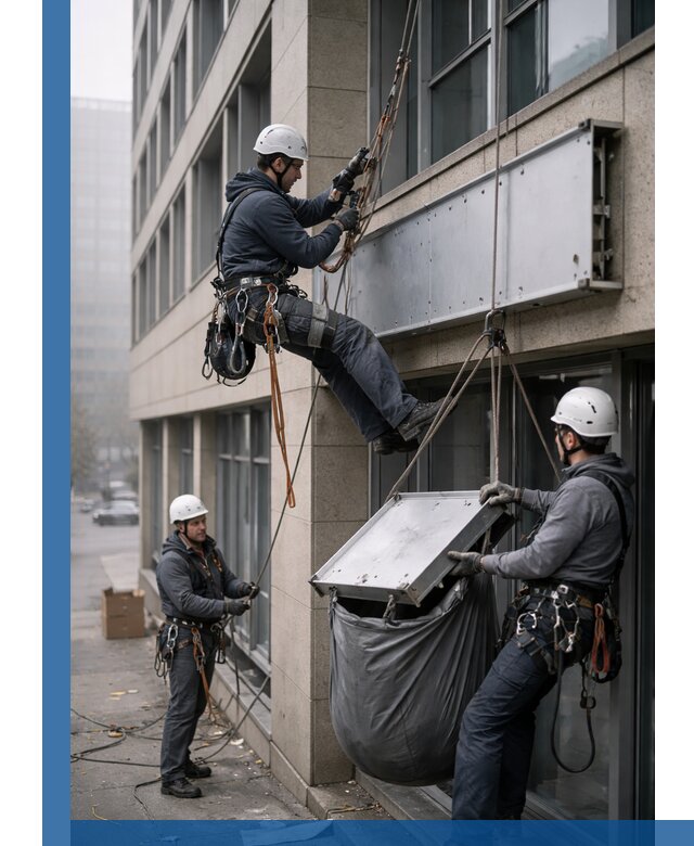 Демонтаж рекламной вывески с высотными работами в Дивногорске