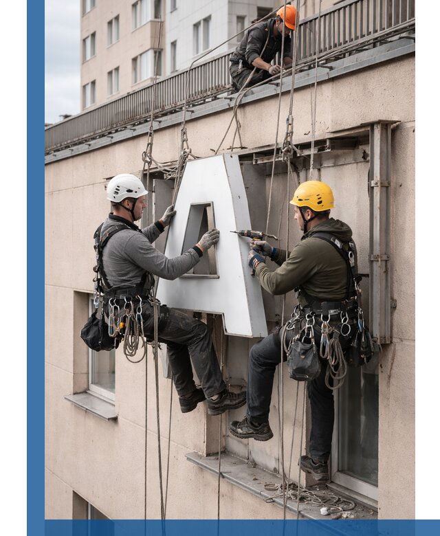 Ремонт и восстановление наружных вывесок на высоте в Дивногорске