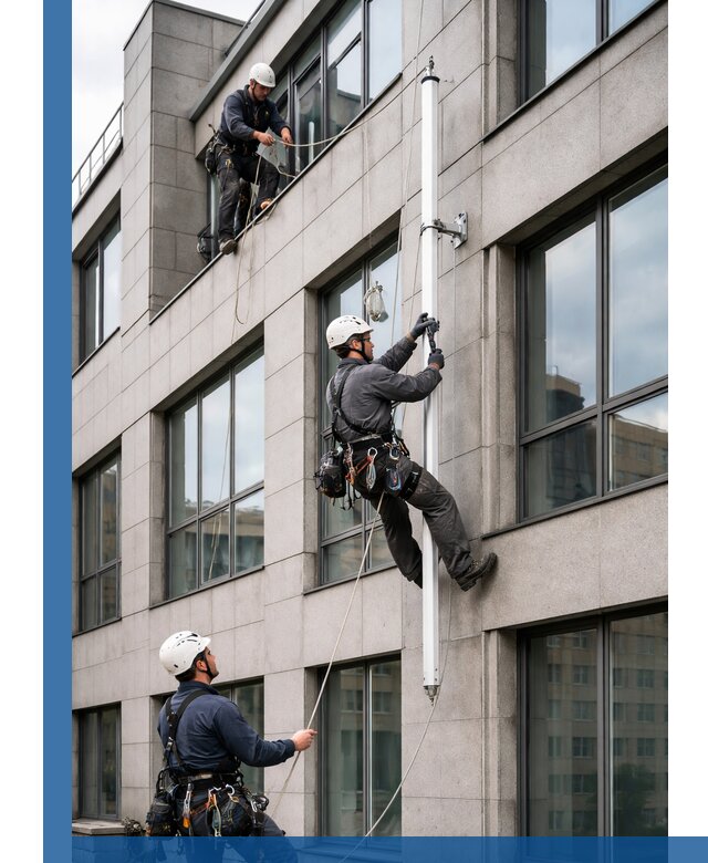 Монтаж флагштока на фасаде здания с креплением и герметикой в Дивногорске