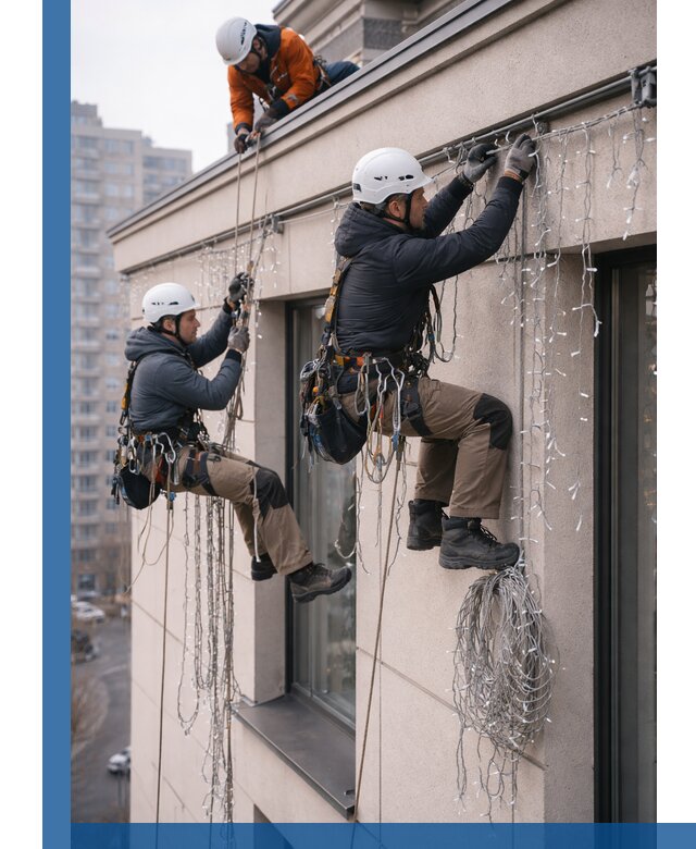 Монтаж праздничных гирлянд на фасаде в Дивногорске для зданий