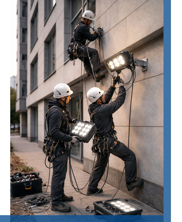 Монтаж прожекторов на фасаде в Дивногорске от 7583 р. | ВЫСОТНИК-Двн