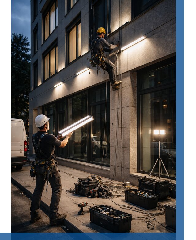 Монтаж архитектурной подсветки здания в Дивногорске от 2528 р.|ВЫСОТНИК-Двн