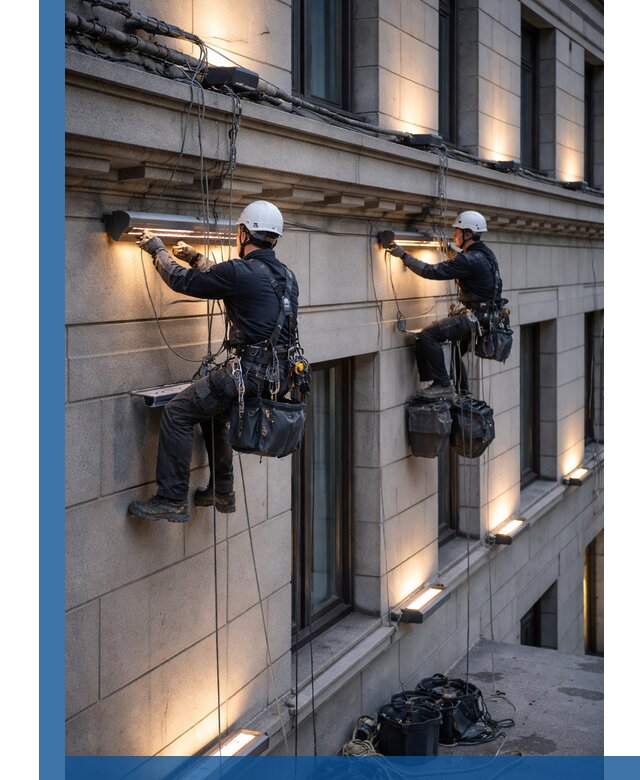 Монтаж архитектурной подсветки фасадов зданий в Дивногорске