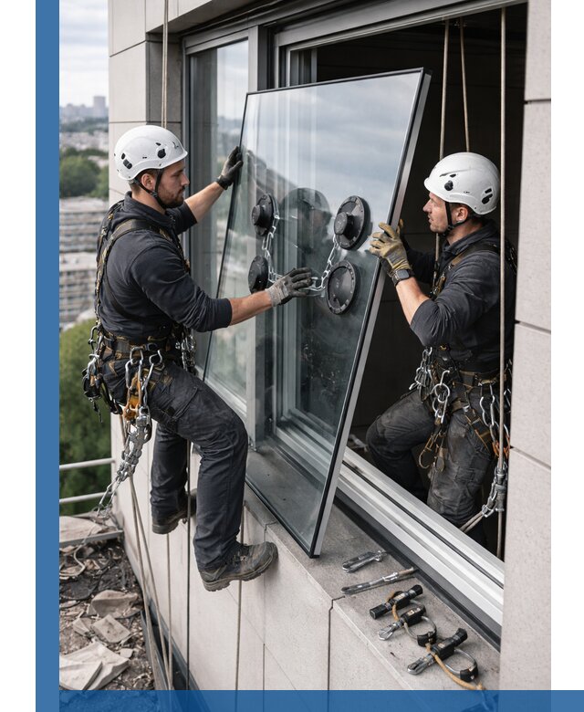 Замена стеклопакетов на высоте с промышленными альпинистами в Дивногорске
