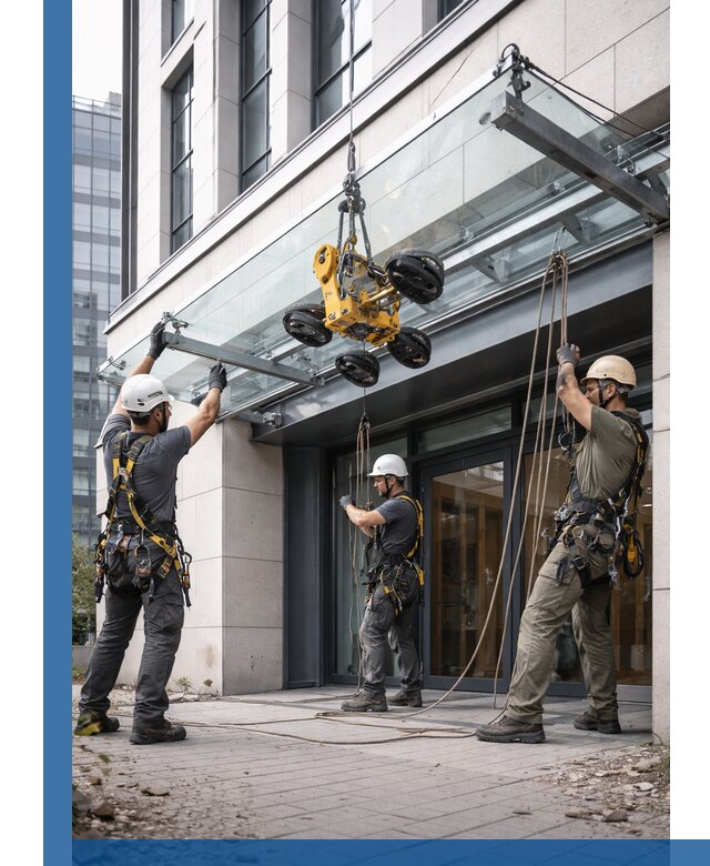 Монтаж стеклянных козырьков под ключ в Дивногорске для зданий