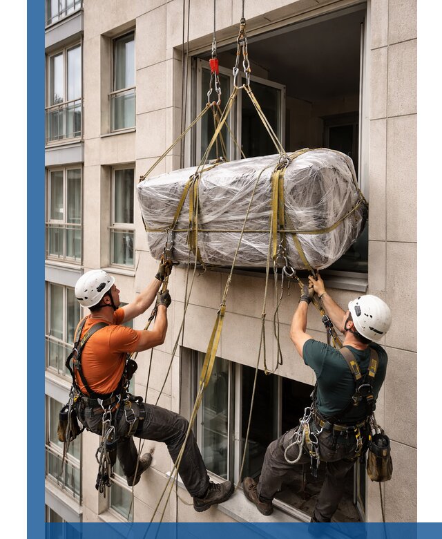 Подъем грузов через окно в Дивногорске промышленными альпинистами