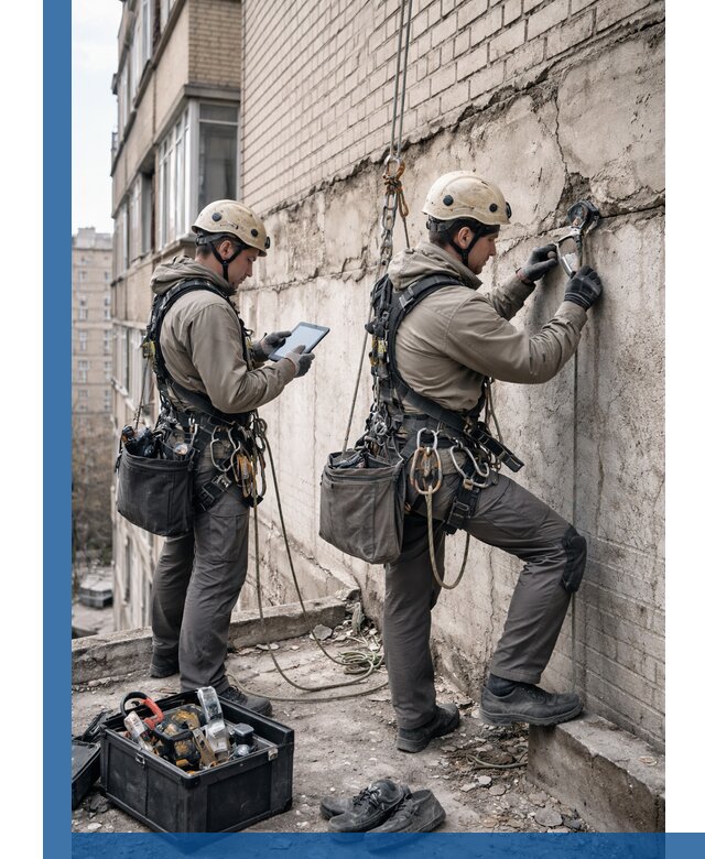 Обследование фасада промышленными альпинистами в Дивногорске